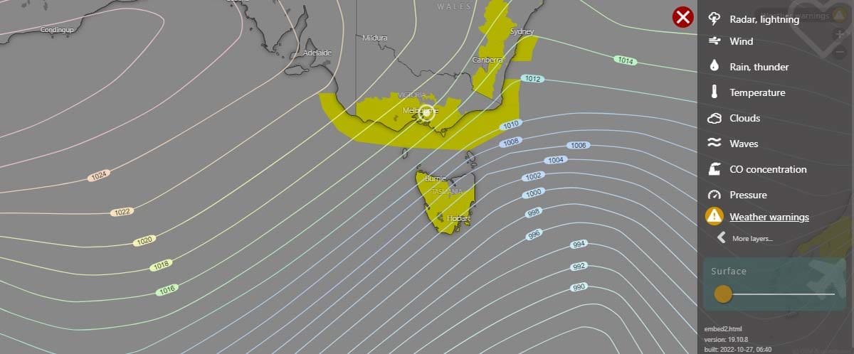 Forecasts showing potential warnings on www.trailhiking.com.au