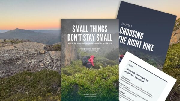 Small things guide cover and pages overlaid on rocky australian landscape at sunset