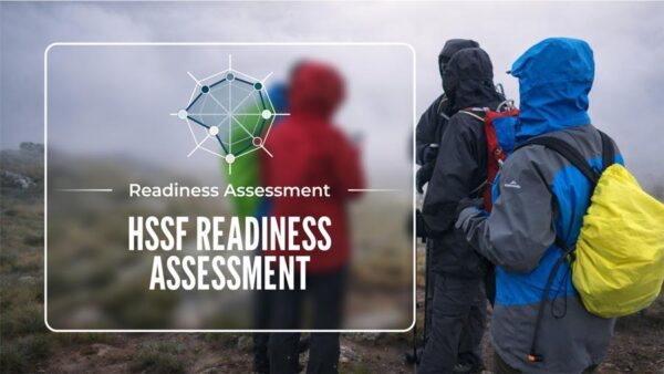 Hssf readiness assessment graphic over hikers in misty alpine conditions